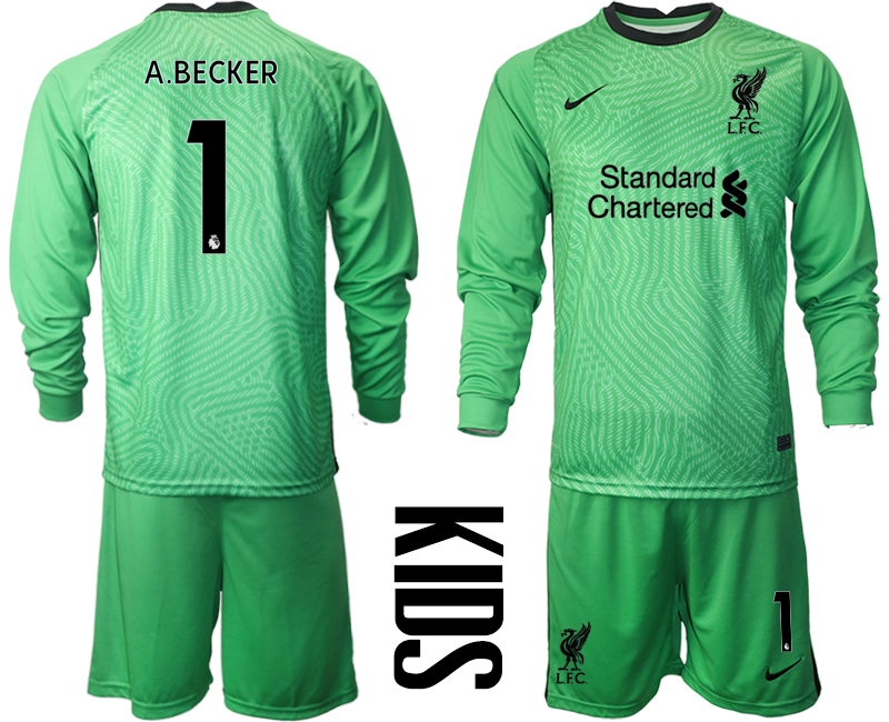 2021 Liverpool green goalkeeper long sleeve Youth #1 soccer jerseys